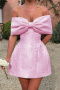 casual non-stretch bow one-shoulder jacquard mini dress_Black_Pink