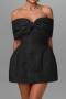 casual non-stretch bow one-shoulder jacquard mini dress_Black
