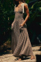 casual non-stretch 7 colors stripe printing v-neck maxi dress_Gray_Dark Gray