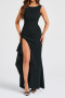 sexy slight stretch solid color sleeveless high slit large backless maxi dress_Black