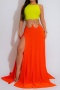sexy plus size stretch color-block hollow out ring linked high slit maxi dress_Orange
