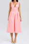 casual non-stretch 3-colors solid color v-neck pleated midi dress_Black_Pink