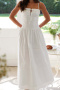 holiday style non-stretch solid color shirring suspender  maxi dress_White