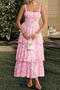 holiday non stretch floral chiffon sling back lace-up cake maxi dress_Pink