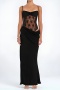 sexy slight stretch see through lace stitching 3 colors sling maxi dress_Black