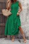 casual non-stretch simple solid color sleeveless wrinkle fabric midi dress_Black_Rose Red_Green