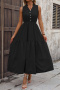 casual non-stretch simple solid color sleeveless wrinkle fabric midi dress_Black
