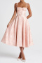 casual non-stretch 4-colors sling jacquard lace-up wrinkle fabric midi dress_Black_White_Pink