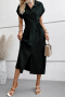 casual non-stretch solid color short-sleeved slit wrinkle fabric midi dress_Black