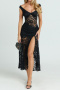 sexy slight stretch see-through lace slim fit shirring slit midi dress_Black
