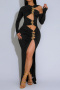 sexy plus size slight stretch solid color hollow slit pleated maxi dress_Black