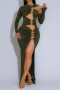 sexy plus size slight stretch solid color hollow slit pleated maxi dress_Black_Dark Green