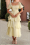 casual non-stretch 4 colors square neck solid color midi dress_Pink_Yellow