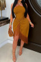 casual plus size slight stretch halter neck slim fit tassel midi dress_Green_Brown
