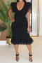 casual plus size slight stretch mesh stitching slim fit midi dress with belt_Black