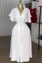 casual plus size non-stretch solid color single breasted slit maxi dress_White