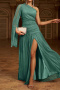 elegant slight stretch 3 colors padded one shoulder high slit maxi dress_Green