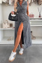 casual overall non stretch denim pocket lace up button maxi dress_Black