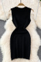 casual slight stretch jacquard knitted 3 colors sleeveless midi dress_Black