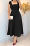 casual slight stretch solid lace up bowed midi dress_Black