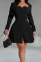 casual plus size non-stretch 4-colors solid long sleeve pleated mini dress_Black