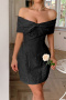 elegant slight stretch 3 colors off shoulder bow design mini dress_Black