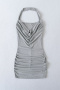 casual slight stretch halter neck tight pleated mini dress size run small_Black_Gray