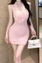 casual slight stretch 5-colors shirring mesh splicing mini dress size run small_Black_Pink