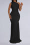 sexy plus size slight stretch one shoulder mesh pleated maxi dress_Black