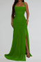 sexy plus size slight stretch solid mesh pleated slit halter neck maxi dress_Black_Green