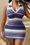 sexy slight stretch stripe knitted v-neck halter-neck bodycon mini dress_Red_Blue