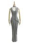 sexy slight stretch v-neck 7 colors with scarf maxi dress(size run small)_Black_Gray