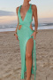 sexy slight stretch ribbed knit lace-up hollow maxi dress_Green