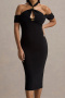 sexy slight stretch halter-neck solid color slim midi dress_Black