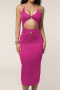 sexy slight stretch 3 colors halter-neck hollow midi dress_Black_Magenta
