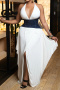 casual plus size slight stretch sling backless denim patchwork maxi dress_White