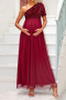 elegant non-stretch one-shoulder sequins mesh stitching maxi maternity dress_Black_Pink_Rose Red