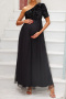elegant non-stretch one-shoulder sequins mesh stitching maxi maternity dress_Black