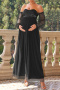 elegant non-stretch off-shoulder mesh splicing long-sleeved maxi maternity dress_Black