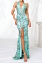 elegant slight stretch sequin padded v-neck halter-neck high slit maxi dress_Pink_Aqua Green
