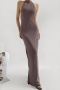 sexy slight stretch halter-neck 5 colors solid color maxi dress(size run small)_Black_Gray_Purple