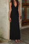 sexy slight stretch halter-neck shirring solid color maxi dress_Black