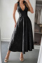 elegant slight stretch 4 colors deep v halter-neck lace-up midi dress_Black