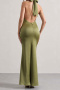 sexy non-stretch solid color halter neck large backless slim maxi dress_Black_Green