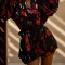 casual slight stretch floral printing lantern sleeve with belt mini dress_Black