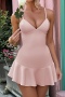 casual slight stretch solid satin sling ruffle mini dress_Pink