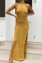 sexy slight stretch cut out knitted halter-neck high slit maxi dress_Black_Yellow