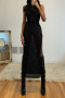 sexy slight stretch cut out knitted halter-neck high slit maxi dress_Black