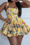 casual slight stretch square neck flower batch printing sling mini dress_Pink_Yellow