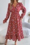 stylish non-stretch floral printing two colors v-neck long sleeve maxi dress_Red